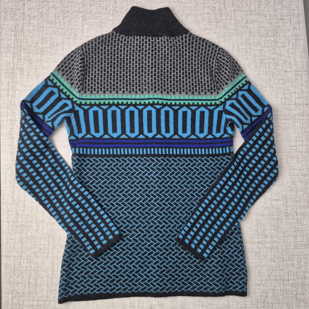 Krimson Klover 100% Merino Wool Full Zip Sweater Nordic Geometric Blue M - Picture 9 of 12